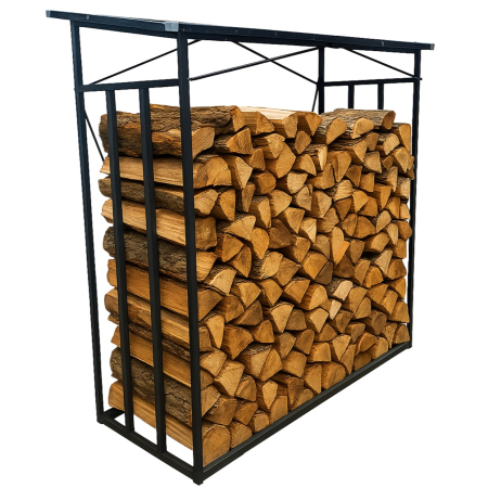 Suport depozitare lemne foc cu acoperis ondulat, structura metalica rezistenta, 185x70x185 cm, negru