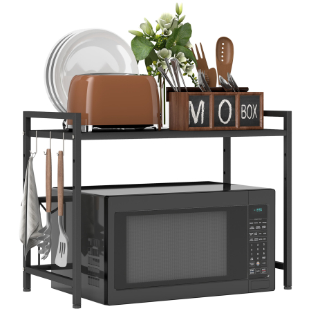 Bucatarie -  Suport Extensibil pentru Cuptorul cu Microunde cu 2 Nivele si 3 Ganci, din Metal, 39.5-64x32x47.5 cm, Negru