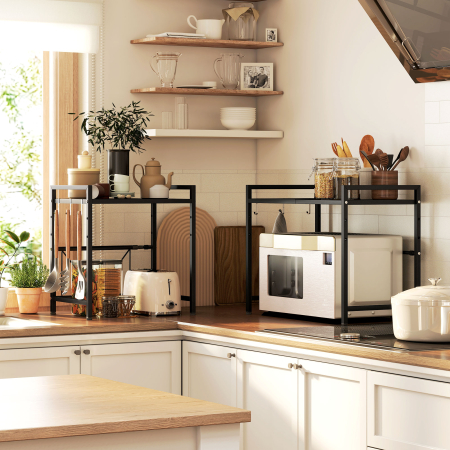  Suport Extensibil pentru Cuptorul cu Microunde cu 2 Nivele si 3 Ganci, din Metal, 39.5-64x32x47.5 cm, Negru [8]