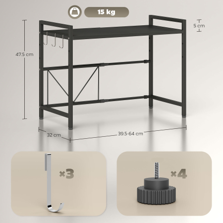  Suport Extensibil pentru Cuptorul cu Microunde cu 2 Nivele si 3 Ganci, din Metal, 39.5-64x32x47.5 cm, Negru [2]