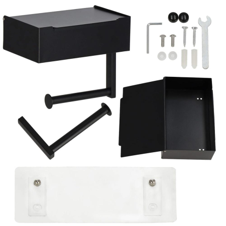 Suport hartie igienica din otel cu sertar depozitare, sistem montare inclus, 22cm, negru bej [2]