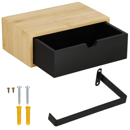 Suport hartie igienica din otel cu sertar depozitare, sistem montare inclus, 22cm, negru bej [4]