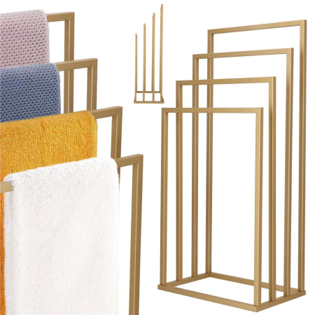 Suport metalic de baie pentru prosoape, cu 4 standuri, 96 cm, auriu mat [4]