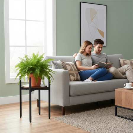 Suport metalic pentru floare, cu polita rotunda din MDF, 32x32x43 cm, negru [9]