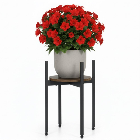 Suport metalic pentru floare, cu polita rotunda din MDF, 32x32x43 cm, negru [12]