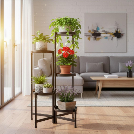 Suport metalic pentru flori cu 5 niveluri, structura pliabila, 48x48x79 cm, negru [16]