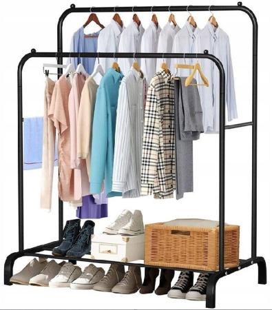 Suport metalic pentru haine 110x55x145 cm, cu bara dubla si raft pentru incaltaminte, negru [6]