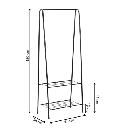 Suport metalic pentru haine cu bara si 2 rafturi, structura otel, 60x34x150 cm, negru [1]