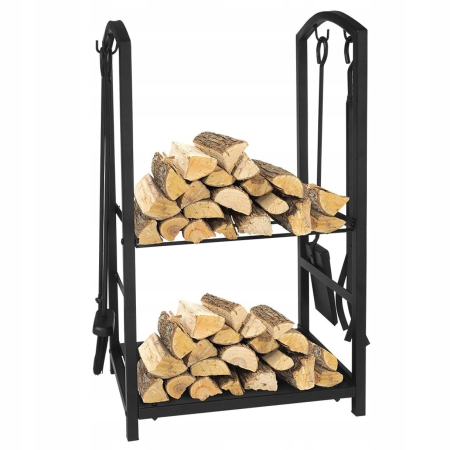 Living & hol - Suport metalic pentru lemne de foc cu 4 accesorii, 74x40x30 cm, negru