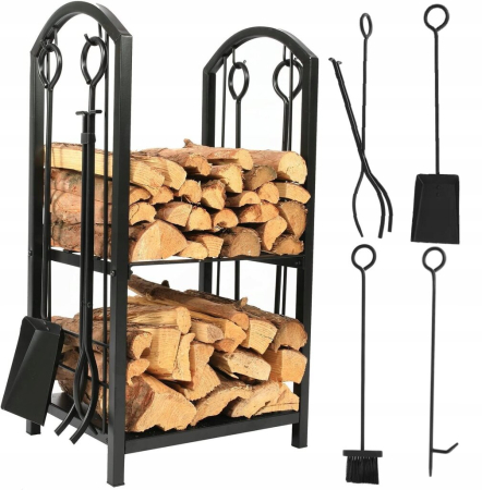 Suport metalic pentru lemne de foc cu 4 accesorii, 74x40x30 cm, negru [7]