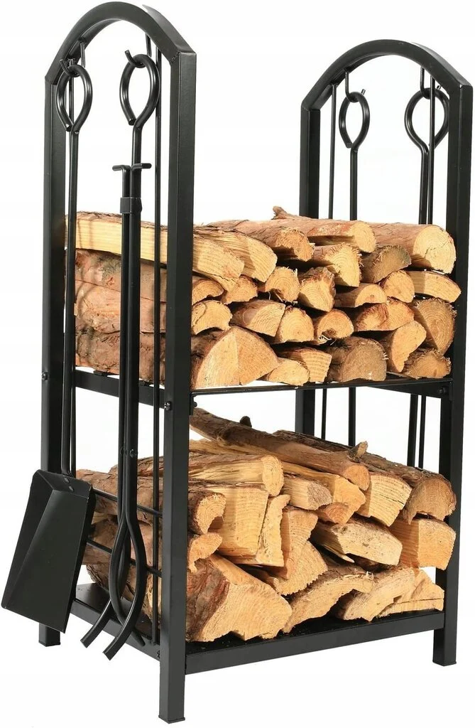 Suport metalic pentru lemne de foc cu 4 accesorii, 74x40x30 cm, negru [3]