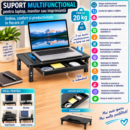 Suport multifunctional reglabil pentru laptop, monitor si imprimanta, cu 3 trepte de ajustare a inaltimii, sertar integrat pentru depozitarea accesori [1]