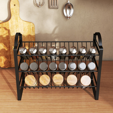  Suport pentru Condimente de Bucatarie cu 3 Rafturi inclinate din Metal Negru [8]