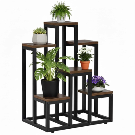Suport pentru flori cu 6 polite din lemn, structura metal, 51x34x68 cm, negru [2]
