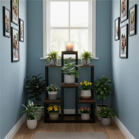 Suport pentru flori cu 6 polite din lemn, structura metal, 51x34x68 cm, negru [5]