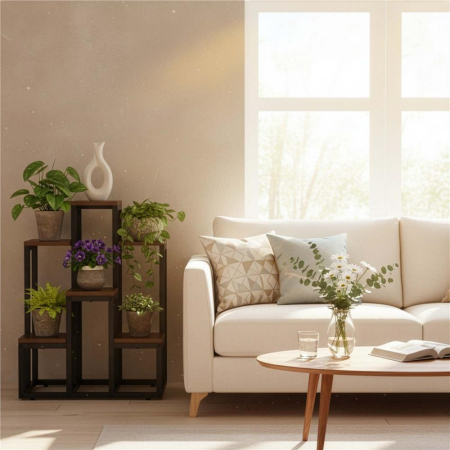 Suport pentru flori cu 6 polite din lemn, structura metal, 51x34x68 cm, negru [4]