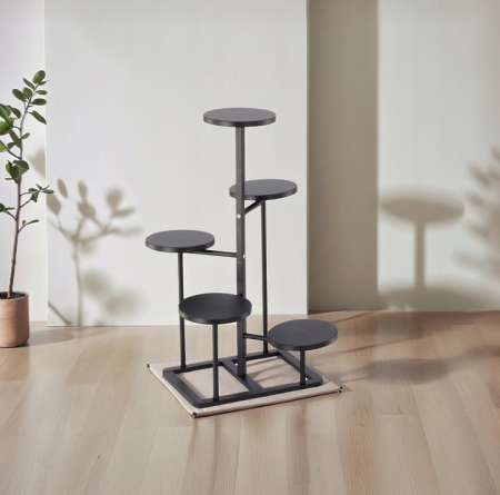 Suport pentru flori cu structura metalica, 5 niveluri, cu rafturi rotunde, 47x47x80 cm, negru [2]