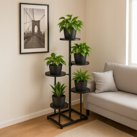 Suport pentru flori cu structura metalica, 5 niveluri, cu rafturi rotunde, 47x47x80 cm, negru [5]