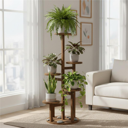 Suport plante 6 niveluri din lemn si MDF, protectii antiderapante, max 25 kg, 48x48x87 cm, maro [12]