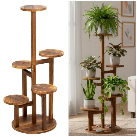 Suport plante 6 niveluri din lemn si MDF, protectii antiderapante, max 25 kg, 48x48x87 cm, maro [2]