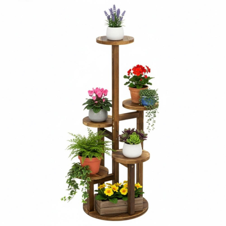 Suport plante 6 niveluri din lemn si MDF, protectii antiderapante, max 25 kg, 48x48x87 cm, maro [4]