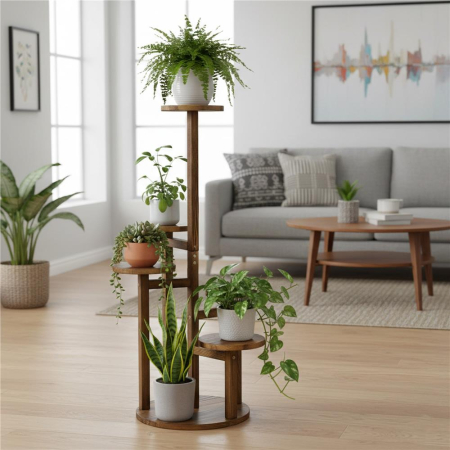 Suport plante 6 niveluri din lemn si MDF, protectii antiderapante, max 25 kg, 48x48x87 cm, maro [11]