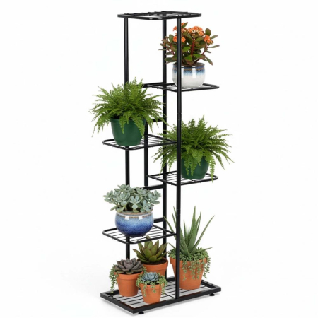 Suport pentru flori, metalic, cu 6 polite, structura verticala, 41x22x106 cm, negru [4]