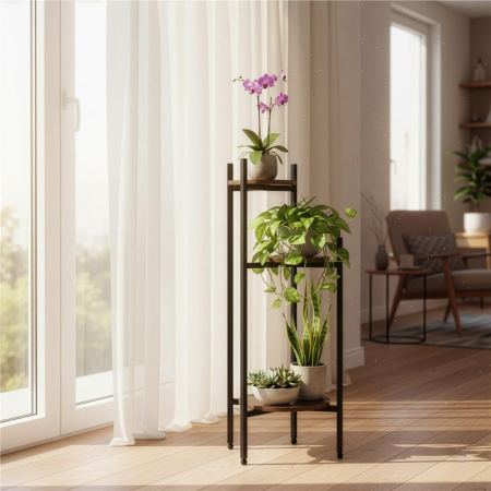 Suport pentru flori, rotund cu 3 polite, structura metalica si MDF, 32x32x81 cm, negru [5]