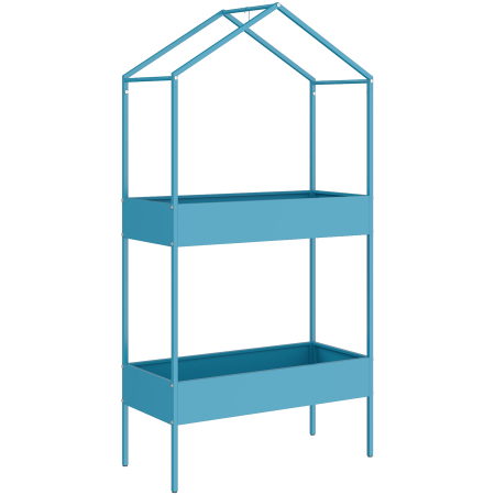 Living & hol -  Suport pentru Ghivece pe 2 Niveluri din Metal in Forma de Casuta, Etajera pentru Plante cu Agatatoare, pentru Interior si Exterior, 75x35x150 cm, Albastru-Verde