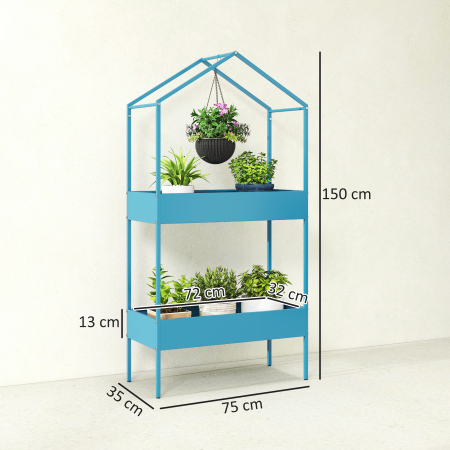  Suport pentru Ghivece pe 2 Niveluri din Metal in Forma de Casuta, Etajera pentru Plante cu Agatatoare, pentru Interior si Exterior, 75x35x150 cm, Albastru-Verde [2]