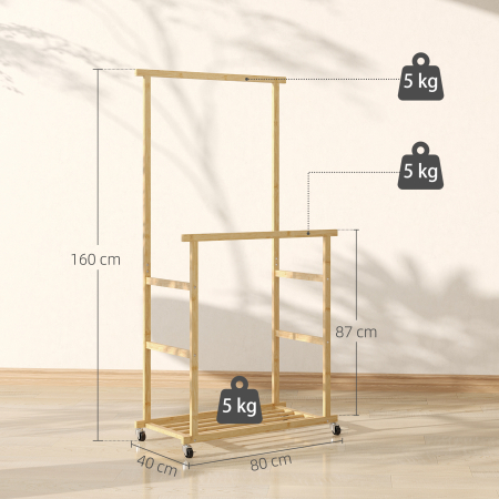  Suport pentru haine cu 2 bare, raft inferior si 4 roti din bambus, 80x40x160 cm, lemn natural [2]