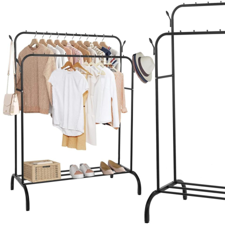 Suport pentru haine cu cadru metalic, cu sina dubla de agatat si carlige cuier, 55x110x146cm, negru [2]