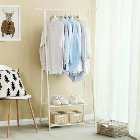 Suport pentru haine, cu raft depozitare pe 2 niveluri, cadru metalic, 88x41x155cm, alb [4]