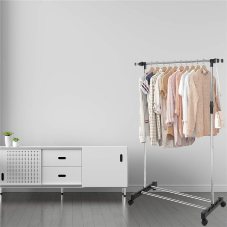Suport pentru haine pe roti, reglabil pe inaltime si latime, din aluminiu cromat, 160x45x150cm, argintiu [5]