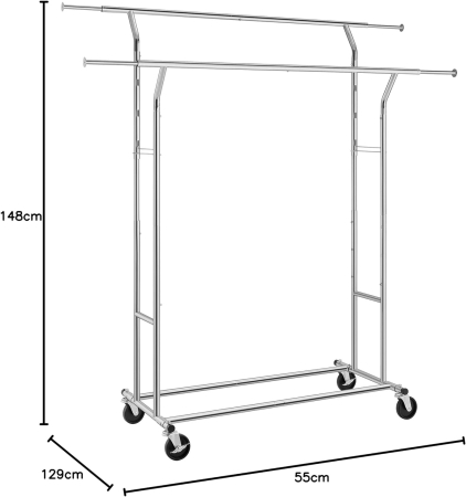 Suport pentru haine pe roti, sina dubla extensibila, din inox cromat, sarcina 100kg, 129x55x148cm, argintiu [9]