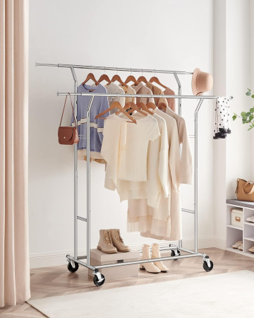 Suport pentru haine pe roti, sina dubla extensibila, din inox cromat, sarcina 100kg, 129x55x148cm, argintiu [2]