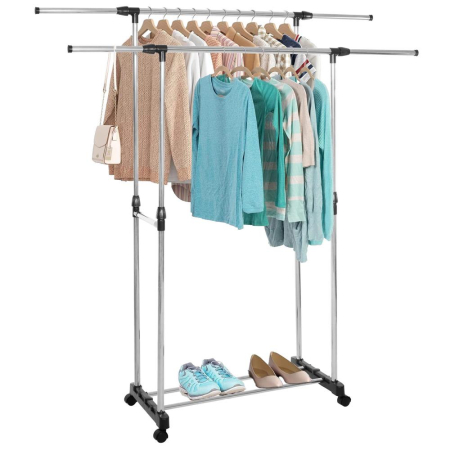 Suport pentru haine pe roti, sina dubla, reglabil pe inaltime si latime, din aluminiu cromat, 155x45x150cm, argintiu [12]