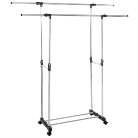 Mobila - Suport pentru haine pe roti, sina dubla, reglabil pe inaltime si latime, din aluminiu cromat, 155x45x150cm, argintiu