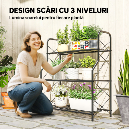  Suport pentru plante cu 3 niveluri pentru interior si exterior din metal, 69x28.5x78 cm, negru [3]