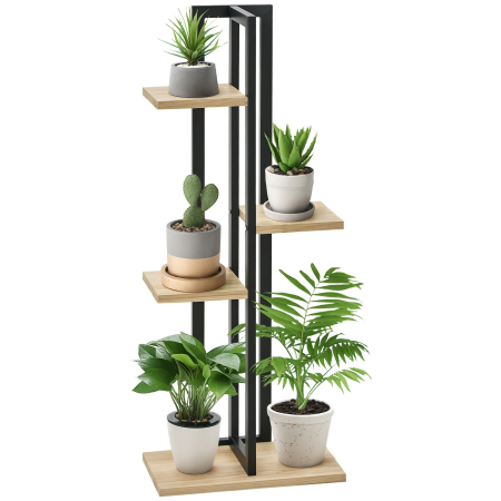 Living & hol -  Suport pentru Plante cu 4 Etaje din Lemn de Brad si Metal, 45x25x110 cm, Negru