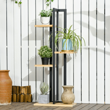  Suport pentru Plante cu 4 Etaje din Lemn de Brad si Metal, 45x25x110 cm, Negru [1]