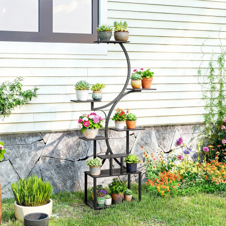  Suport pentru Plante cu 8 Niveluri in Forma de S, Suport Ghivece din Metal pentru Interior si Exterior, pentru Gradina, Balcon, Terasa, Camera de Zi, 74x26x158.5 cm, Negru [6]
