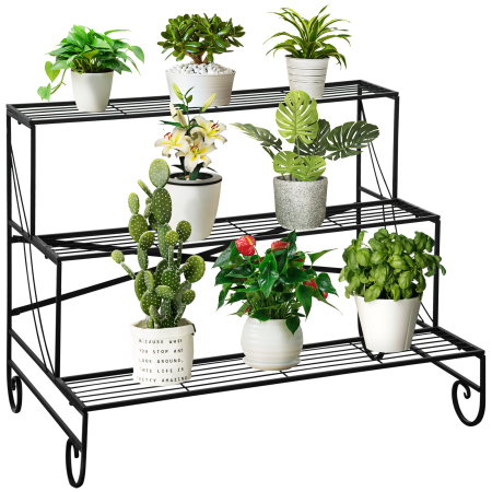 Living & hol -  Suport pentru Plante din Fier Forjat, Scara Suport pentru Ghivece pentru Exterior pe 3 Niveluri, Negru