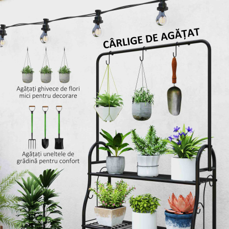  Suport pentru Plante pe 3 Niveluri cu Bara pentru Agatat si Carlige, Raft Metalic pentru Flori si Ghivece, pentru Interior si Exterior, Balcon, Living, Dormitor, Negru [4]