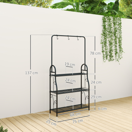  Suport pentru Plante pe 3 Niveluri cu Bara pentru Agatat si Carlige, Raft Metalic pentru Flori si Ghivece, pentru Interior si Exterior, Balcon, Living, Dormitor, Negru [2]