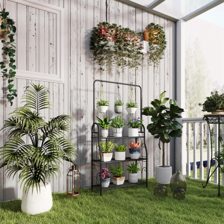  Suport pentru Plante pe 3 Niveluri cu Bara pentru Agatat si Carlige, Raft Metalic pentru Flori si Ghivece, pentru Interior si Exterior, Balcon, Living, Dormitor, Negru [1]