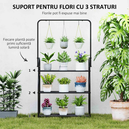  Suport pentru Plante pe 3 Niveluri cu Bara pentru Agatat si Carlige, Raft Metalic pentru Flori si Ghivece, pentru Interior si Exterior, Balcon, Living, Dormitor, Negru [3]