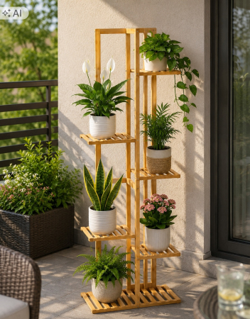 Suport pentru plante si ghivece cu 6 niveluri, din bambus natural, design vertical cu rafturi asimetrice pentru expunerea plantelor la diferite inalti [7]