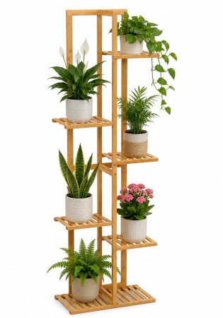Suport pentru plante si ghivece cu 6 niveluri, din bambus natural, design vertical cu rafturi asimetrice pentru expunerea plantelor la diferite inalti [8]
