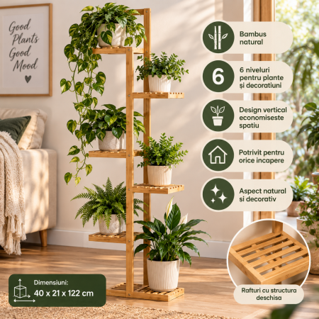 Suport pentru plante si ghivece cu 6 niveluri, din bambus natural, design vertical cu rafturi asimetrice pentru expunerea plantelor la diferite inalti [2]